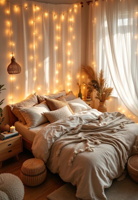 Boho Bedroom with Curtain Lights Bedrooms With String Lights, Yellow Bedroom Ideas Aesthetic, Warm Bedroom Lighting, Warm Lighting Bedroom, Warm Ambient Lighting, Bedroom String Lights, Light Bedroom Decor, Cozy Bedroom Lighting, Headboard Curtains