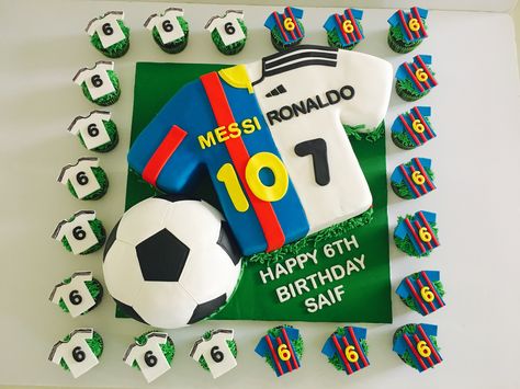 Soccer birthday cake- Messi vs Ronaldo birthday cake Messi And Ronaldo Birthday Cake, Messi And Ronaldo Birthday Party, Football Cake Messi, Ronaldo Soccer Cake, Messi Soccer Cake, Ronaldo Cake Birthdays, Ronaldo Birthday Party Ideas, World Cup Birthday Cake, Messi Birthday Party