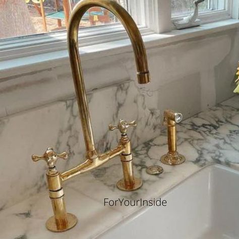 Brass Bridge Faucet, Unlacquered Brass Kitchen Faucet, Carved Sink, Unlacquered Brass Faucet, Bridge Faucet Kitchen, Antique Brass Faucet, Powder Room Sink, Bridge Faucet, Gold Faucet