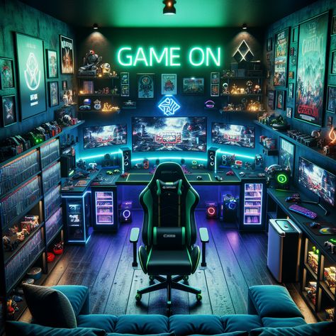 A trendy man cave showcasing deep blue and green walls and a state-of-the-art gaming setup. Includes a neon 'Game On' sign, gaming collectibles, sofa, snack-loaded fridge, and organized game stacks. 
#ManCave #GamingRoom #HomeDecor #VideoGames #InteriorDesign #GamerLife Fantasy Gaming Room, Streamer Room Ideas, Setup Ideas Gaming, Gaming Desk Setup Ideas, Aesthetic Gaming Room, Game Streamer, Neon Game, Ultimate Gaming Setup, Aesthetic Gaming