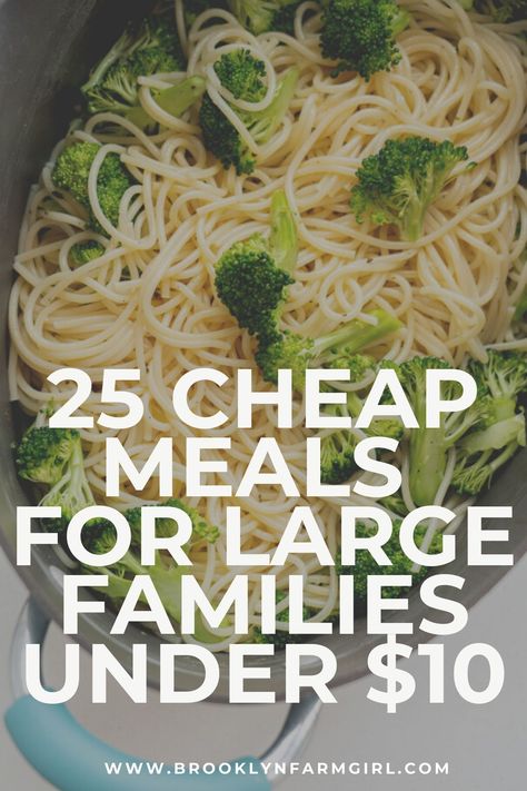 25 Cheap Meals for Large Families! All meals feed 6 or more people for less than $10.   Recipes include Instant Pot, Crockpot, Soup, Meat and Pasta meals.  Bookmark this page for family meals!