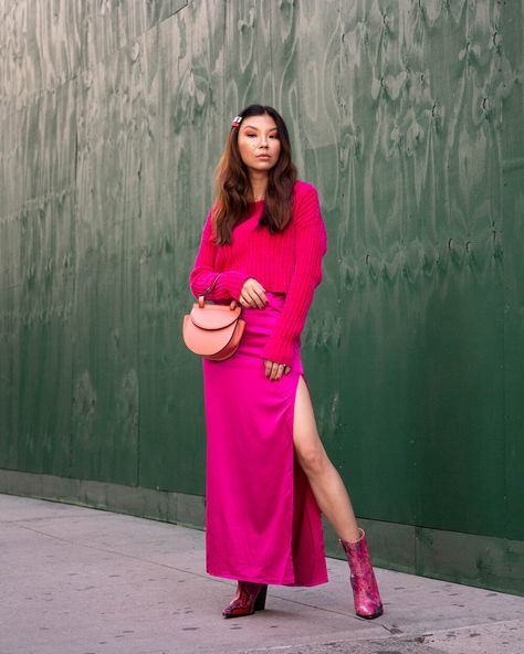 Hot Pink Slip Dress Outfit, Hot Pink Monochromatic Outfit, Hot Pink Silk Skirt Outfit, Fuschia Pink Outfit, Pink Slip Skirt Outfit, Hot Pink Celebrity Outfit, Hot Pink Streetwear, Hot Pink Silk Skirt, Pink Silk Skirt Outfit