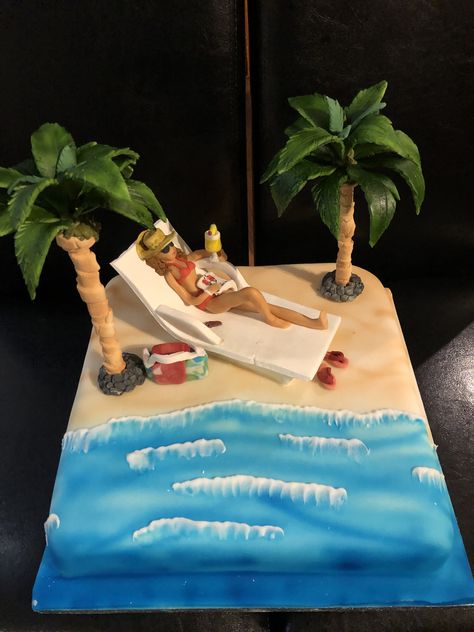 12 inch square lemon. drizzle cake decorated with a beach scene, edible palm trees and a sunbathing lady. £120 Beach Scene Cake, Beach Birthday Cake, A Beach Scene, Retirement Cake, Towel Cake, Lemon Drizzle Cake, Beach Cakes, Drizzle Cake, Lemon Drizzle