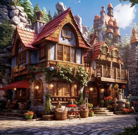 Fantasy Shop Exterior, Medieval Fantasy House Concept Art, Fantasy Townhouse, Medieval City Concept Art, Medieval House Concept Art, Fairytale Cottage Floor Plans, Fantasy Cottage, Storybook Homes, Fantasy Shop