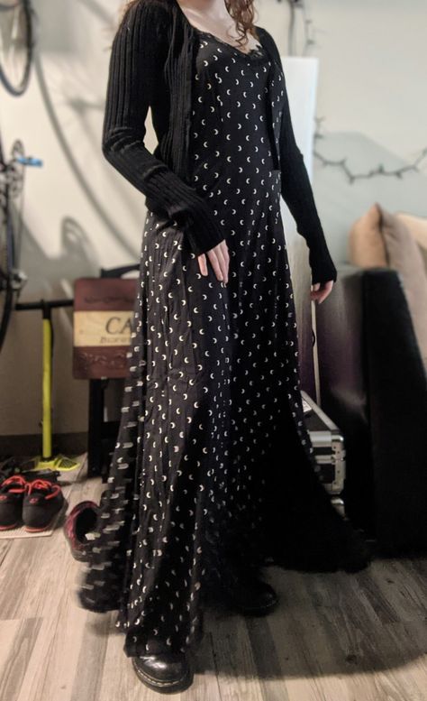 Goth Maxi Dress, Cozy Witchy Outfit, Midsize Maxi Dress, Black Maxi Dress Winter Outfit, Doc Martens Dress Outfits, Dresses With Doc Martens Outfits, Maxi Cardigan Outfit, Infj Vibes, Black Maxi Dress Outfit