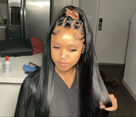 Rubber Band Hairstyles On Wig, Rubber Band Hairstyles Lace Wig, Rubber Band Wig Hairstyles, Half Up Half Down Sewin Weave, Criss Cross Quickweave, Braids In Front Straight Hair In Back, Criss Cross Half Up Half Down Hair, Straight Frontal Wig Hairstyles, Braids In The Front Weave In The Back