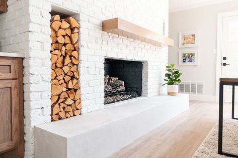 White brick fireplace with firewood stack All White Brick Fireplace, Fireplace Nook, Brick Fireplace Mantles, White Wash Fireplace, Faux Mantle, White Wash Brick Fireplace, Red Brick Fireplaces, Vermont House, White Brick Fireplace