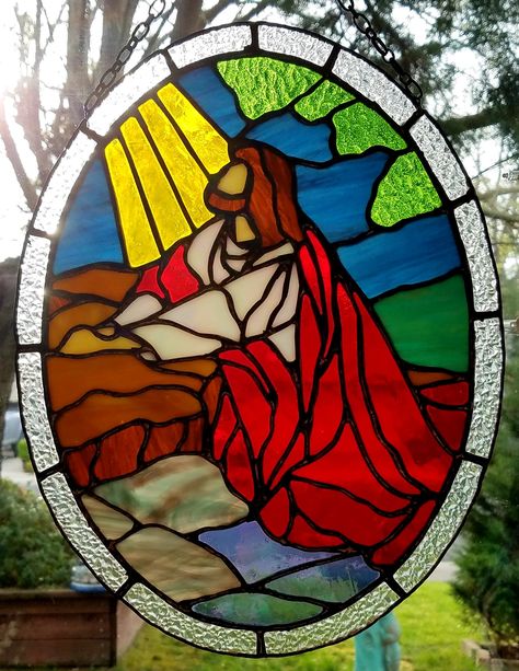 Jesus in the Garden of Gethsemane stained glass I made! Jesus Stained Glass Art, Christian Stained Glass Patterns, Stairway Window, Stained Glass Religious, Catholic Church Stained Glass, The Garden Of Gethsemane, Stained Glass Windows Church, Diy Stained Glass Window, Garden Of Gethsemane