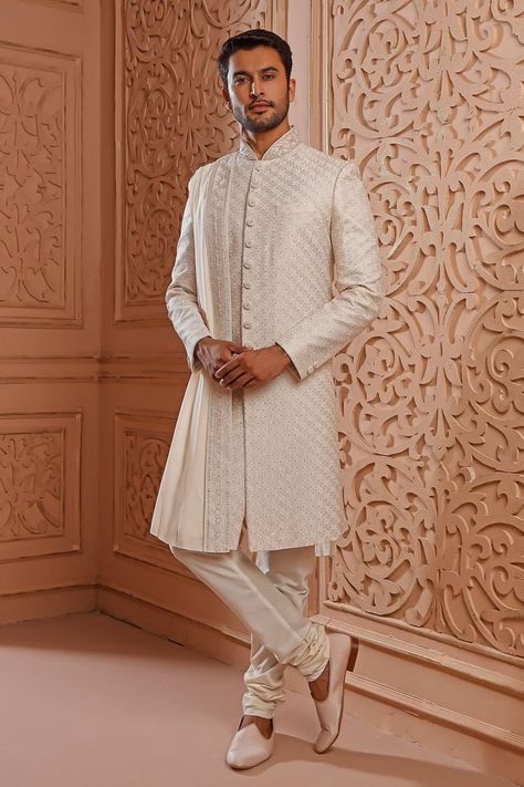 Ivory Chanderi Embroidered Sherwani Set with Churidar and Dupatta Sherwani Groom Wedding, Ivory Sherwani, Sherwani For Men Wedding, Wedding Kurta For Men, Embroidered Sherwani, Groom Dress Men, Indian Groom Wear, Men's Wedding Outfit, Sherwani Groom