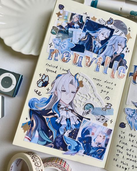 it’s about time i gave him a page in my journal 🤭🌊 [thank you everyone for 900 followers 🩵😖 y’all are the best] no more drawings on my posts haha, decided to tone it down a bit mwhahaha - #genshinimpact #neuvillette #neuvillettegenshinimpact #fountaine #anime #animeart #animejournal #genshinjournal #journal #journalling #bujo #bujoinspiration #midori Sketch Cover Ideas, Thank You Page, Anime Journal Cover, Notebook Ideas Drawing, Genshin Notes, Drawing Journal Ideas, Art Notebook Cover, Genshin Journal, Anime Organization