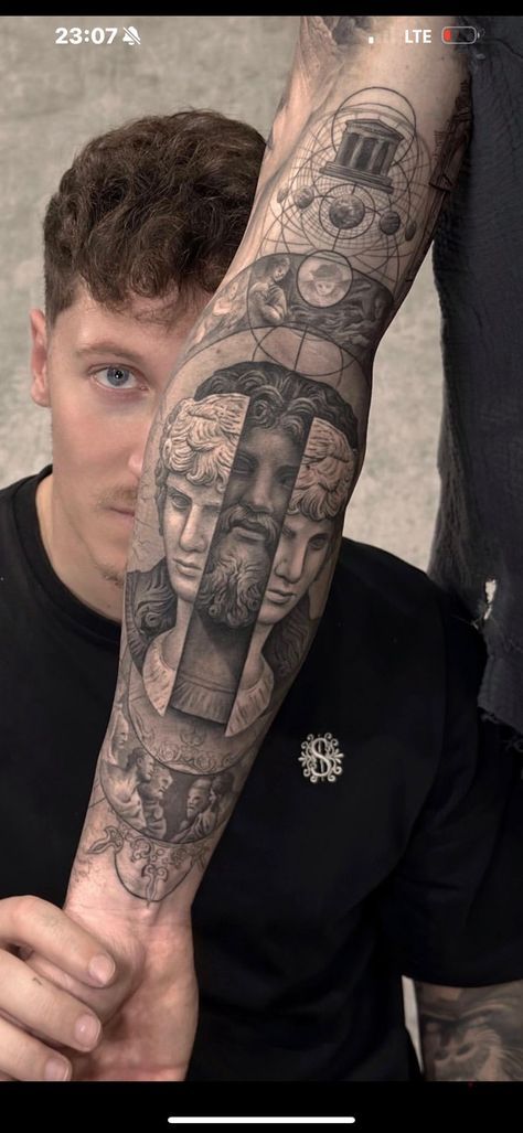 Stoic Forearm Tattoo, Men’s Realism Tattoo, Greek Patchwork Tattoo Sleeve, Classical Art Tattoo Sleeve, Biblical Sleeve Tattoos, Men Sleeve Tattoo Ideas Unique, Greece Mythology Tattoo, Arm Sleeve Tattoos For Guys, Philosophy Tattoos