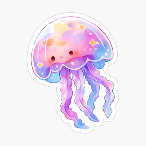 Jellyfish Stickers Printable, Jellyfish Illustration Cute, Jellyfish Cute Drawing, Cute Jellyfish Drawing, Cute Fish Illustration, Kawaii Jellyfish, Jellyfish Sticker, Kawaii Watercolor, Kawaii Fish