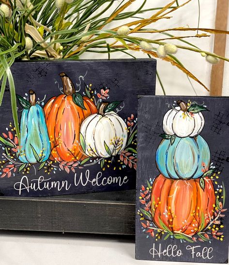 Autumn Welcome, Fall Sign, Fall Decor, Autumn Sign, Aqua Pumpkin, Painted Pumpkin Sign - Etsy Fall Scenery Paintings Easy, Acrylic Fall Paintings Easy, Fun Paintings On Canvas, Stacked Pumpkins Painting, Fall Boards Signs, Pumpkin Signs Wooden Painted, Painted Pumpkin Sign, Fall Pumpkins Painting, Fall Welcome Sign