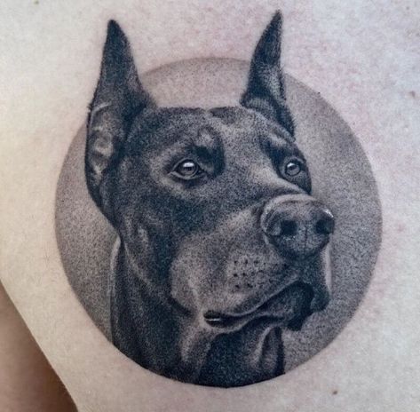 Doberman Pinscher Tattoo, Pet Portrait Tattoos, Pet Tattoo Ideas, Doberman Tattoo, Dog Portrait Tattoo, Dog Tattoo Ideas, Amazing Tattoos, Mountain Tattoo, Line Work Tattoo