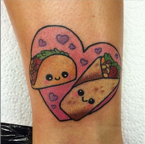 Cute Food Tattoos, Burrito Tattoo, Taco Tattoo, Dessert Tattoo, Taco Tattoos, Food Tattoo, Food Tattoos, Tattoos Infinity, Bestie Tattoo