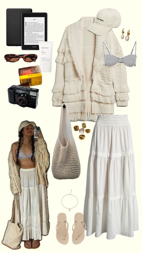 Oversized Fringe Cardigan, Striped Bikini Swimsuit, Baseball Cap Outfit, Crochet Tote Bag, Boho Maxi Skirt, Pearl Gold Jewelry, Film Camera, Audrie Storme Maxi Skirt Summer, Baseball Cap Outfit, Boho Maxi Skirt, Maxi Skirts Summer, Gold Pearl Jewelry, Cap Outfit, Maxi Skirt Boho, Fringe Cardigan, Summer Beach Outfit