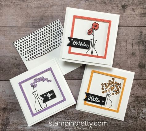 Create a simple 3 x 3 thank you card using Stampin Up Varied Vases Stamp Set and Vase Builder Punch - Mary Fish StampinUp Note Card Gifts, Mary Fish, Stampin Pretty, Thank You Note Cards, Notecard Set, Square Card, Small Cards, Pretty Cards, Cards For Friends