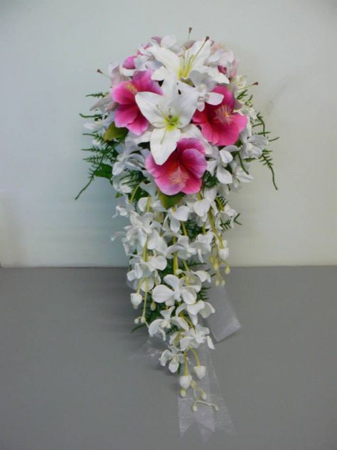 White & pink artificial bouquet with hibiscus flowers, oriental lilies & dendrobium orchids White Hibiscus Bouquet, Lilies And Orchids Bouquet, Stargazer Lily Bouquet, Rose And Lily Bouquet, Hibiscus Bouquet, Spirit Tattoo, Artificial Wedding Bouquets, Orchid Bouquet, White Hibiscus