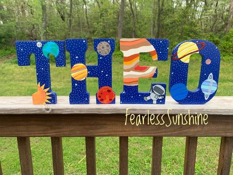 Solar System Nursery, Wooden Letter Ideas, Space Week, Letters Wall Decor, Diy Rocket, Woodland Animals Theme, Outer Space Decorations, Painting Wooden Letters, Outer Space Theme