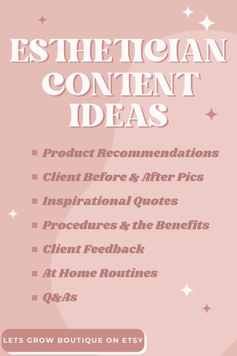 Use this list as a guide to different social media content ideas for estheticians looking to expand their business. If you like this, you may like my shirts and sweatshirts made specifically for skin therapists like you! Click the link to checkout my Etsy shop, and use code LOVE20 while you're at it for an exclusive discount!  #EstheticianPosts #EstheticianContentIdeas #EstheticianMarketing #EstheticianBusiness #SkinTherapistAesthetic #EstheticianAesthetic Esthetician Instagram Feed Ideas, Esthetician Tiktok Ideas, Esthetician Social Media Content, Esthetician Marketing Social Media, Esthetician Content Ideas, Esthetics Content, Esthetician Instagram Post Ideas, Esthetician Photoshoot Ideas, Esthetician Content