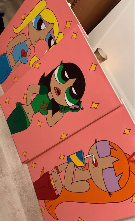 Paint Canvas Ideas Aesthetic, Buttercup Powerpuff Painting On Canvas, Large Canvas Painting Ideas Cartoon, Yk2 Painting Ideas, Canvas Painting Ideas Powerpuff, Brats Painting Canvas, 2000s Canvas Painting, 3 Person Painting Ideas, The Proud Family Painting