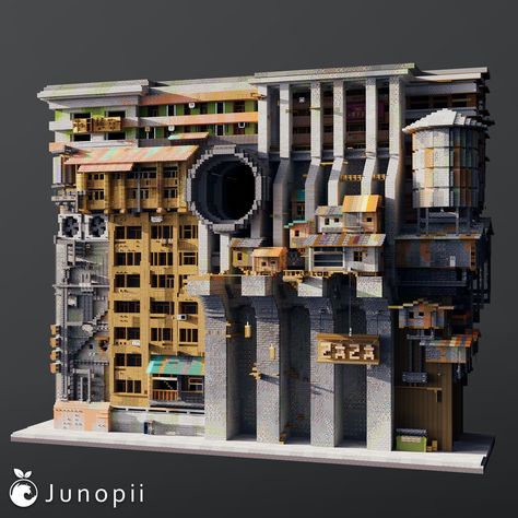 Minecraft build of a large city block in a cyberpunk/dystopian style of structures stacked and mix mashed together. Fantasy Minecraft, Dystopian Cyberpunk, Minecraft Steampunk, Minecraft City Buildings, Steampunk City, Steampunk House, Cute Minecraft Houses, Minecraft City, Minecraft Plans