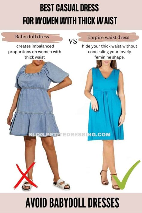 The Casual Dress Guide for Women with Thick Waist Empire Dress Casual, Empire Waist Dress Casual, Best Casual Dresses, Tight Fitted Dresses, Striped Shift Dress, Silk Wrap Dresses, Dress Guide, Dress Drawing, Empire Waist Dress