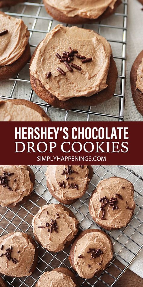 Hershey's chocolate Drop Cookies are rich and fudge-like with chocolate buttercream frosting and chocolate sprinkles. Yields approximately 2 dozen cookies. Hershey Chocolate Cookies, Frosted Chocolate Cookies, Hersheys Chocolate Cookies, Choc Drop Cookies, Hershey Frosting Recipe Chocolate Fudge, Drop Cookies Recipes, Chocolate Drop Cookies Frosted, Fudgey Double Chocolate Cookies, Hershey’s Cocoa Fudge