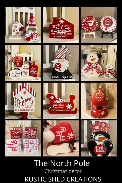 Red and white decor for christmas tier trays or shelf. Snowmen. Trees. Gnomes. Santa. Signs. Blocks. Farmhouse Shelves Decor, Farmhouse Shelves, Warm Bed, Large Decor, Christmas Truck, White Decor, Farmhouse Christmas, Tiered Tray, Shelf Decor