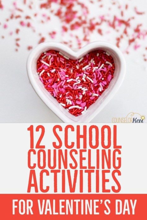 Looking for fun school counseling Valentine's day activities? Your students will love these 12 fun, hands-on activities and games for Valentines Day classroom guidance lessons, small group counseling sessions, and individual counseling activities! What's your favorite elementary school counseling Valentine's Day activity? -Counselor Keri Valentines Day Classroom, Individual Counseling Activities, School Counseling Week, School Counselor Lessons, Counselor Keri, Group Counseling Activities, Group Therapy Activities, School Counseling Activities, Self Esteem Activities