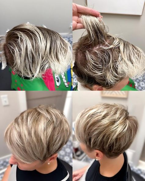 NE Florida Short Hair Stylist on Instagram: "Becky's hair went from regrowth on platinum ends to platinum blonde highlights plus, champagne blonde highlights, plus a cozy chocolate lowlight. She’s all ready for fall and winter! 💇‍♀️🍂❄️ #ameliaisland #ameliaislandhairstylist #fernandinabeach #fernandinabeachhairstylist #shorthairstylist #highlightlowlight #pixiecuts" Short Brown Hair With Ash Blonde Highlights, Blond Short Hair With Lowlights, Blonde Pixie Highlights, Short Blonde With Highlights, Pixie Hair Blonde Highlights, Carmel Hair With Blonde Highlights Short, Low Lights On Short Hair, Blonde Highlights On Light Brown Hair Short, Blonde Highlight Pixie