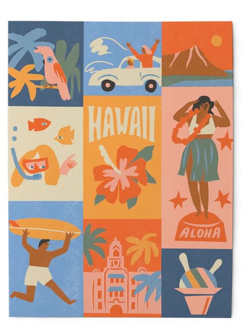 Hawaii Illustration, Hawaii Aesthetic, Graphic Design Branding, Travel Poster, Design Branding, Travel Posters, Vector Art, Color Palette, Hawaii