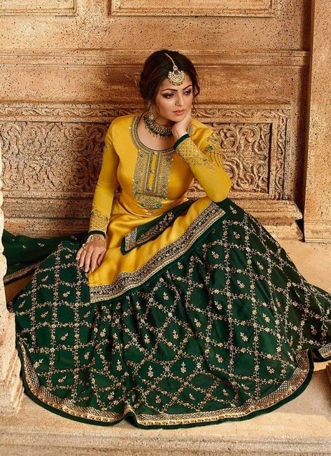 Bottle Green Lehenga, Yellow Anarkali Suits, Pant Kurti, Yellow Anarkali, Bridal Mehndi Dresses, Drashti Dhami, Celana Fashion, Desi Dress, Haldi Outfit