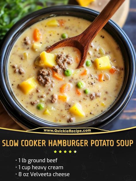 Quick & Easy Recipes | Slow Cooker Hamburger Potato Soup | Facebook Easy Recipes Slow Cooker, Slow Cooker Hamburger, Hamburger Potato Soup, Recipes Slow Cooker, Soup Ingredients, Quick Easy Recipes, Cheddar Cheese Soup, Velveeta Cheese, Crockpot Dishes