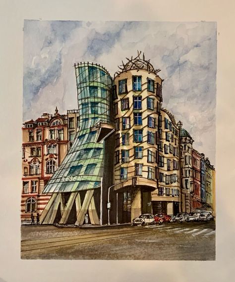 Fred and Ginger - Prague, Czech Republic. #watercolor #dancinghouse #winsorandnewton #fredandginger #prague Dancing House, Fred And Ginger, Paint Drawing, Winsor & Newton, Prague Czech Republic, Prague Czech, Colorful Drawings, Moleskine, Leaning Tower Of Pisa