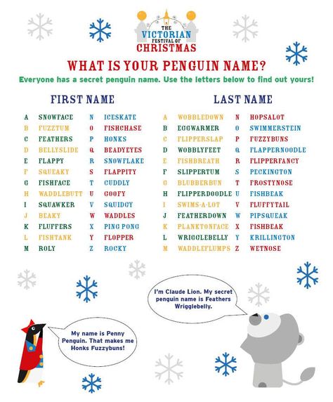 Penguin Name Names For Penguins, Penguin Names, Last Names, First Names, Christmas Ideas, Penguins, How To Find Out, Holidays, Christmas