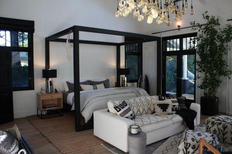 As seen on HGTV's Christina on the Coast, this master bedroom features fRench doors. Modern Luxury Bedroom Master Suite, Christina On The Coast, Black French Doors, Bold Bedroom, Hgtv Dream Home, Modern Luxury Bedroom, Bedroom Pictures, Sliding Glass Doors, Luxury Bedroom Master