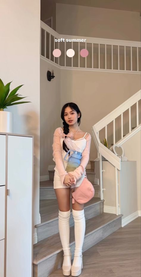 Pink Knee High Socks Outfit, Thigh High White Socks Outfit, Pink Acedamia Outfits, Jessy Luxe, Jessica Vu Outfit, Cocette Aesthetic Outfit Pink, Thigh High Sock Outfit, White Thigh High Socks Outfit, Dress With Thigh High Socks