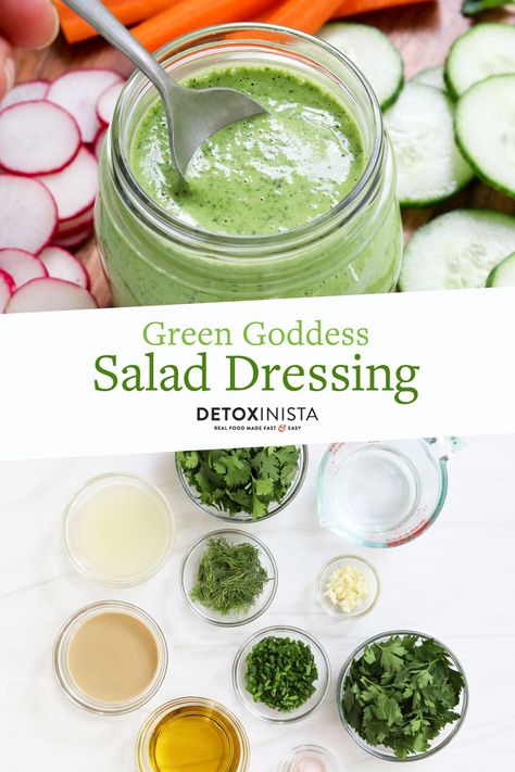 Green Goddess Dressing is a delicious way to use up any fresh herbs you have on hand! Serve it over salads, or as a healthy dip with veggies. Dip With Veggies, Green Goddess Salad Recipe, Goddess Dressing Recipe, Green Goddess Dip, Green Goddess Salad Dressing, Healthy Dip, Goddess Dressing, Gluten Free Salads, Green Goddess Dressing