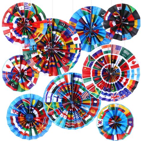 PRICES MAY VARY. Package Included: you will get 9 pcs decorative paper hanging fans in 3 different sizes (16 inch x 3 pcs, 12 inch x 3 pcs, 8 inch x 3 pcs), can match well with other international themed party decorations, like world flags plates and napkins, international flags tablecloth, word flag banner and so on, which are not included Vibrant and Eye Catching: our flags of all nations hanging party fans feature colorful international flags patterns, feeling like going travel trip around th Around The World Theme Decor, All Nations Sunday Decorations, Around The World Theme Party Decoration, Christmas Around The World Decorations, Spain Decorations, International Party Decorations, Country Flags Of The World, International Decor, Around The World Theme