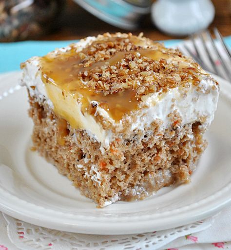 Carrot Cake Poke Cake I thought it said Carrot Cake Pot Cake!!! Carrot Cake Poke Cake, Cake Poke, Easter Carrot Cake, Autumn Desserts, Cakes Pastries, Dump Cakes, Homemade Caramel Sauce, Poke Cake Recipes, Sugar Shack