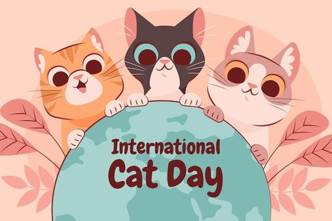 Cat Day International, Wallpaper August, World Cat Day, Cat Draw, Pet Branding, Cute Animal Quotes, National Cat Day, Flat Background, Balloon Background