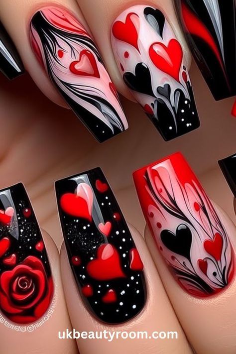 If you are doing something special for Valentine’s Day, why not decorate your nails with Valentine’s day nail art? Nail designs for Valentine’s Day usually include hearts or roses, and traditional Valentine’s Day colors, like pink, red and white. This post lists 30 ideas for Valentine’s Day Nails. Trendy, short designs, simple, gel, acrylic, pink, square, french tip, black, acrylic coffin, pink and red, short almond, simple Red Nails With White Heart Design, Roses Nail Art Designs, Nail Designs Red And Black, New Trendy Nail Art Designs, Queen Of Hearts Nails Designs, Red White And Black Nails, Nails Trendy Short, French Tip Black, Gel Nail Art Ideas