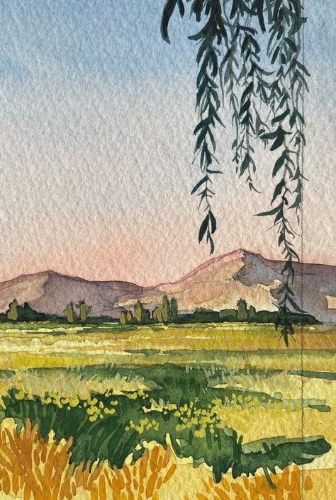 Landscape Ideas For Drawing, Our Land Our Future Drawing, Water Colors Painting Landscaping, Water Colour Land Scapes, Landscape Ideas Watercolor, Unique Watercolor Paintings Ideas, Watercolour Inspiration Landscape, Watercolour Landscape Easy, Gouache Painting Landscapes