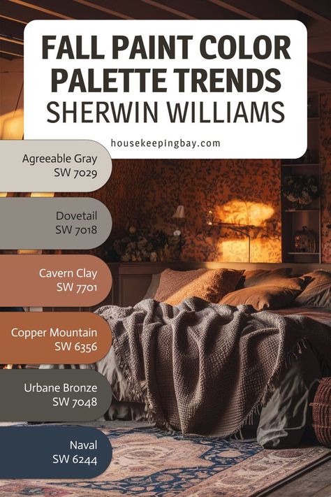 Fall Paint Color Palette Trends Sherwin Williams Dovetail Sherwin Williams, Naval Sw 6244, Fall Paint Colors, Urbane Bronze, Agreeable Gray Sherwin Williams, Sherwin Williams Gray, Fall Palette, Agreeable Gray, Oyster Bay