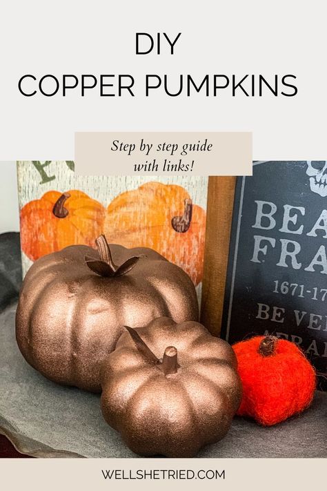 DIY Copper Pumpkins using just a can of spray paint! Make these Aged Copper Pumpkins, perfect for DIY Fall décor! #pumpkindiy #diyhalloweendecorations #diyfalldecor #diy #howto #falldecor #diypumpkinscrafts Copper Pumpkins, Diy Pumpkins Crafts, Copper Spray Paint, Diy Copper, Pumpkin Uses, Diy Spray Paint, Diy Light Fixtures, Aged Copper, Copper Diy