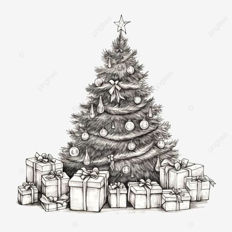 hand drawn festive christmas tree and gifts concept sketch christmas sketch hand drawn christmas c Christmas Tree Drawing Realistic, Christmas Landscape Drawing, Holiday Sketches, Christmas Pyrography, Sketch Christmas, Christmas Tree Coloring, Christmas Sketch, Tree Coloring, Christmas Tree Coloring Page