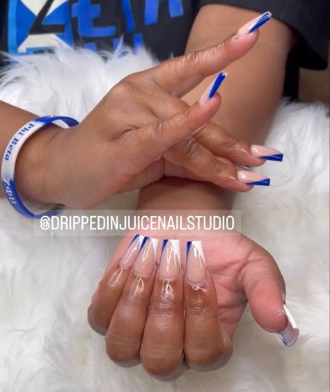 White Acrylic Nails Medium Length, Zeta Phi Beta Nails, Zeta Nails, Blue And White Acrylic Nails, Acrylic Nails Medium Length, Acrylic Nails Medium, Nails Blue And White, Nails Medium Length, White Acrylic Nails