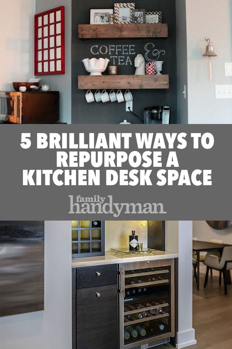 5 Brilliant Ways to Repurpose a Kitchen Desk Space Kitchen Cabinet Nook Ideas, Kitchen Office Nook Ideas, What To Do With Extra Kitchen Space, Kitchen Workstation Ideas, Kitchen Counter Desk Area, Using Kitchen Cabinets For Office, Kitchen Desk Area To Coffee Bar, What To Do With Desk Area In Kitchen, Kitchen Desk Space Repurpose