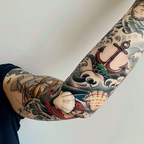 Nautical themed arm tattoos with anchor, ship wheel, and seashells - intricate skin art design Ship Wheel Tattoo Design, Feminine Nautical Tattoo Sleeve, Nautical Tattoo Sleeve For Women, Wheel Tattoo Design, Nautical Themed Tattoos, Ship Wheel Tattoo, Seashell Tattoo, Nautical Tattoo Sleeve, Wheel Tattoo